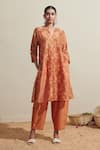 Buy_Dressfolk_Orange Chanderi Embroidery V-neck Floral Kurta Pant Set _at_Aza_Fashions
