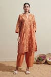 Dressfolk_Orange Chanderi Embroidery V-neck Floral Kurta Pant Set _at_Aza_Fashions