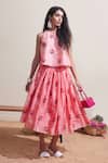 Dressfolk_Pink Chanderi Halter Neck Floral Top And Skirt Set _at_Aza_Fashions