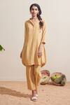 Shop_Dressfolk_Yellow Cotton Mandarin Collar Ochre Striped Kurta And Pant Set _Online_at_Aza_Fashions