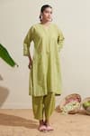 Buy_Dressfolk_Green Cotton Split V-neck Lime Striped Kurta And Pant Set _at_Aza_Fashions