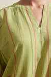 Shop_Dressfolk_Green Cotton Split V-neck Lime Striped Kurta And Pant Set _Online_at_Aza_Fashions