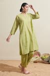 Buy_Dressfolk_Green Cotton Split V-neck Lime Striped Kurta And Pant Set 