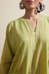 Shop_Dressfolk_Green Cotton Split V-neck Lime Striped Kurta And Pant Set 
