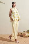 Shop_Dressfolk_Ivory Cotton Halter Neck Floral Print Top And Striped Pant Set _Online_at_Aza_Fashions