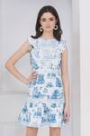 Mai Tai_Blue Cotton Embroidery Round Neck White Lace Dress _at_Aza_Fashions