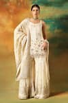 Buy_Meenagurnam_Ivory Tissue, Chinon Embroidery, Beads Round Neck Kurta Sharara Set _at_Aza_Fashions