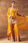 Shop_Meenagurnam_Yellow Georgette, Viscose Embroidery, Beads V-neck Sharara Kurta Set _Online_at_Aza_Fashions