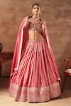 Shop_Meenagurnam_Magenta Tissue Sequins, Beads Round Neck Embroidered Lehenga Set _Online_at_Aza_Fashions