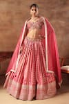 Shop_Meenagurnam_Magenta Tissue Sequins, Beads Round Neck Embroidered Lehenga Set 