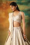 Buy_Meenagurnam_Gold Tissue Sequins, Mirrors V-neck Designer Embellished Lehenga Set _Online_at_Aza_Fashions