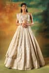 Buy_Meenagurnam_Gold Tissue Sequins, Mirrors V-neck Designer Embellished Lehenga Set _at_Aza_Fashions