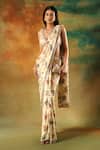 Buy_Meenagurnam_Ivory Net, Georgette Beads, Embroidery Round Neck Designer Saree Set _at_Aza_Fashions