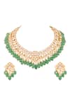 Shop_Prihan Luxury Jewelry_Green Stones, Pearls Rhodium Plated Necklace And Earring Set _at_Aza_Fashions