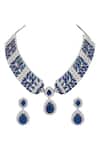 Shop_Prihan Luxury Jewelry_Blue Gemstones, Rhinestones Rhodium Plated Necklace And Earring Set _at_Aza_Fashions