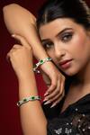 Buy_Prihan Luxury Jewelry_Green Stones, Crystals Rhodium Plated Bangle Set _at_Aza_Fashions
