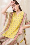 Soup By Sougat Paul_Yellow Linen Embroidery V-neck Printed Kimono Co-ord Set _Online_at_Aza_Fashions