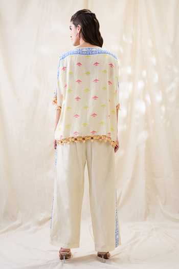 Shop_Soup By Sougat Paul_Beige Linen Embroidery, Lace Round Neck Kitchra Appliqued Kimono Co-ord Set _at_Aza_Fashions