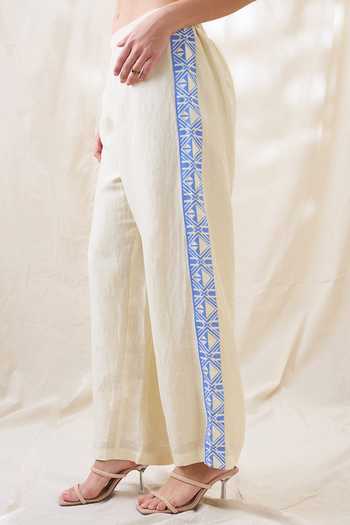 Soup By Sougat Paul_Beige Linen Embroidery, Lace Round Neck Kitchra Appliqued Kimono Co-ord Set _at_Aza_Fashions