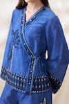 Soup By Sougat Paul_Blue Linen Mirrors, Tassels Open Neck Noorani Embellished Angrakha Set _at_Aza_Fashions