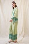 Soup By Sougat Paul_Green Linen Embroidery V-neck Noorani Embellished Angrakha Set _Online_at_Aza_Fashions