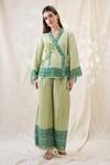 Buy_Soup By Sougat Paul_Green Linen Embroidery V-neck Noorani Embellished Angrakha Set _Online_at_Aza_Fashions