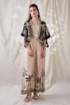 Soup By Sougat Paul_Beige Cotton, Silk, Net Embroidery, Sequins Noorani Printed Jumpsuit And Jacket _Online_at_Aza_Fashions