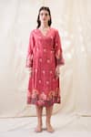 Buy_Soup By Sougat Paul_Pink Linen Embroidery V-neck Ravya Front Overlapped Dress _Online_at_Aza_Fashions