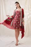 Buy_Soup By Sougat Paul_Red Linen, Cotton, Silk Embroidery Square Gulzaar Printed Dress And Jacket Set _Online_at_Aza_Fashions