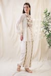 Soup By Sougat Paul_White Linen Embroidery Mandarin Gulzaar Appliqued Peplum Top And Palazzo Set _Online_at_Aza_Fashions
