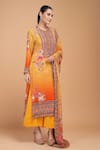 Nirraamyaa_Mustard Bemberg, Georgette, Crepe Rhinestones Round Floral Print Kurta Pant Set _Online_at_Aza_Fashions