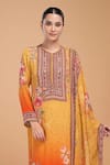 Buy_Nirraamyaa_Mustard Bemberg, Georgette, Crepe Rhinestones Round Floral Print Kurta Pant Set _Online_at_Aza_Fashions