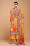 Buy_Nirraamyaa_Mustard Bemberg, Georgette, Crepe Rhinestones Round Floral Print Kurta Pant Set _at_Aza_Fashions
