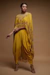 Nirraamyaa_Yellow Bemberg, Crepe Rhinestones Round Neck Designer Cape And Dhoti Pant Set _Online_at_Aza_Fashions