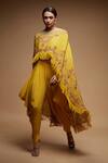 Buy_Nirraamyaa_Yellow Bemberg, Crepe Rhinestones Round Neck Designer Cape And Dhoti Pant Set _Online_at_Aza_Fashions