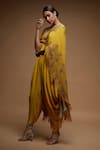 Shop_Nirraamyaa_Yellow Bemberg, Crepe Rhinestones Round Neck Designer Cape And Dhoti Pant Set _Online_at_Aza_Fashions
