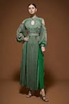 Buy_Nirraamyaa_Emerald Green Bemberg Rhinestones Keyhole Neck Embroidered Kaftan With Belt _at_Aza_Fashions