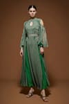 Nirraamyaa_Emerald Green Bemberg Rhinestones Keyhole Neck Embroidered Kaftan With Belt _Online_at_Aza_Fashions
