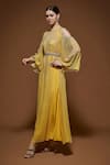Nirraamyaa_Yellow Bemberg, Crepe Rhinestones Keyhole Neck Embellished Kaftan _Online_at_Aza_Fashions