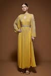 Buy_Nirraamyaa_Yellow Bemberg, Crepe Rhinestones Keyhole Neck Embellished Kaftan _at_Aza_Fashions