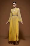 Shop_Nirraamyaa_Yellow Bemberg, Crepe Rhinestones Keyhole Neck Embellished Kaftan _Online_at_Aza_Fashions