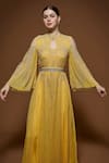 Nirraamyaa_Yellow Bemberg, Crepe Rhinestones Keyhole Neck Embellished Kaftan _at_Aza_Fashions