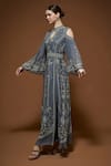 Nirraamyaa_Silver Bemberg, Crepe Rhinestones Keyhole Neck Designer Kaftan With Belt _Online_at_Aza_Fashions
