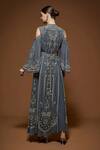 Shop_Nirraamyaa_Silver Bemberg, Crepe Rhinestones Keyhole Neck Designer Kaftan With Belt _at_Aza_Fashions