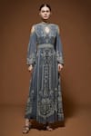 Buy_Nirraamyaa_Silver Bemberg, Crepe Rhinestones Keyhole Neck Designer Kaftan With Belt _at_Aza_Fashions