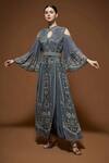 Shop_Nirraamyaa_Silver Bemberg, Crepe Rhinestones Keyhole Neck Designer Kaftan With Belt _Online_at_Aza_Fashions