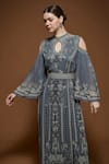 Buy_Nirraamyaa_Silver Bemberg, Crepe Rhinestones Keyhole Neck Designer Kaftan With Belt 
