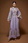Nirraamyaa_Purple Bemberg, Crepe Rhinestones, Embroidery Keyhole Designer Kaftan With Belt _Online_at_Aza_Fashions
