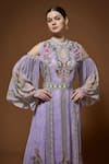 Nirraamyaa_Purple Bemberg, Crepe Rhinestones, Embroidery Keyhole Designer Kaftan With Belt _at_Aza_Fashions