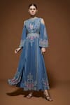 Nirraamyaa_Gray Bemberg, Crepe, Viscose, Georgette Rhinestones Designer Kaftan With Belt _Online_at_Aza_Fashions